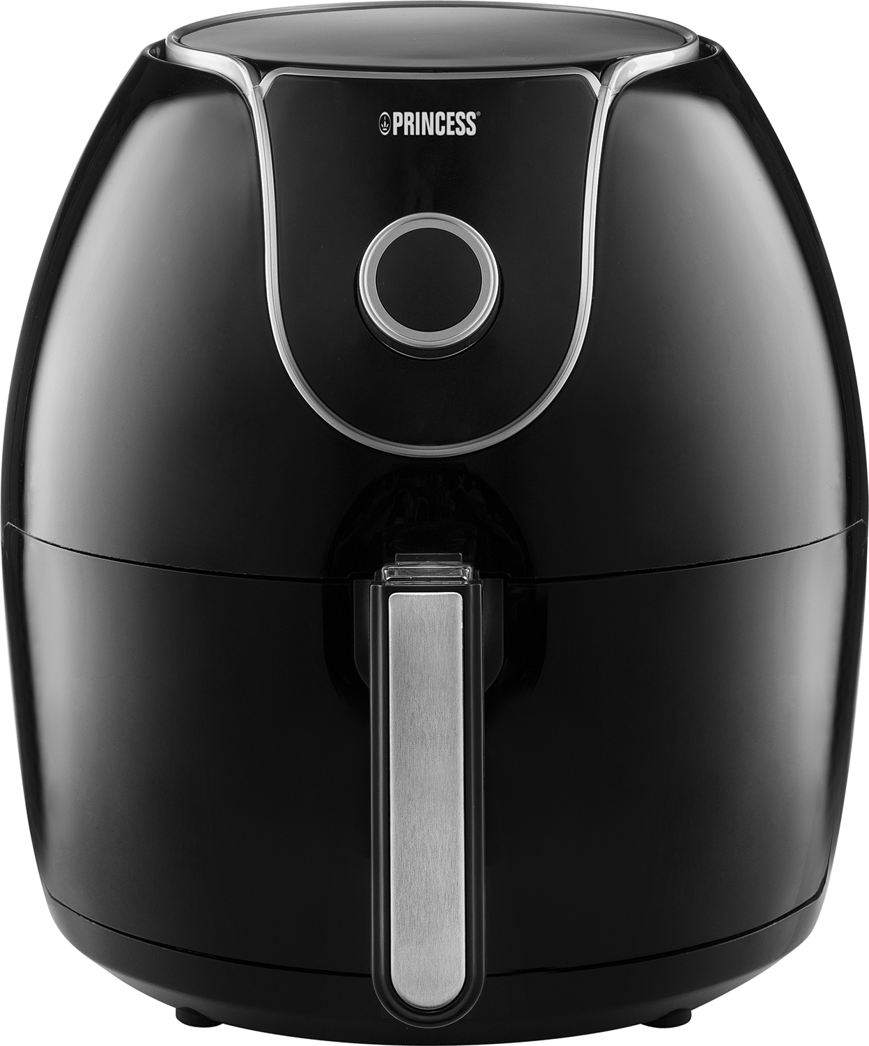 Zwarte Princess airfryer. Ovale vorm met een handvat en een knop.