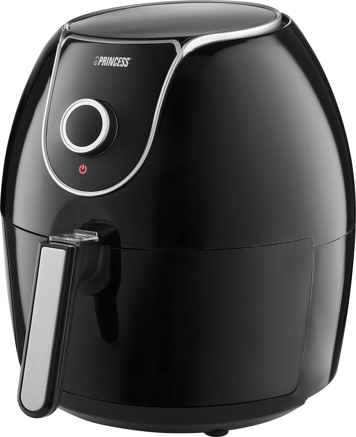 Een zwarte Princess airfryer met een handvat en een rood lampje.