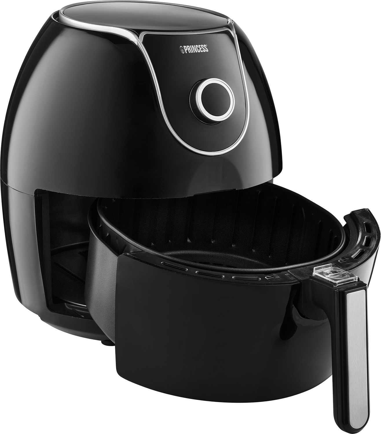 Zwarte airfryer met een open mand. De airfryer staat op een wit oppervlak.