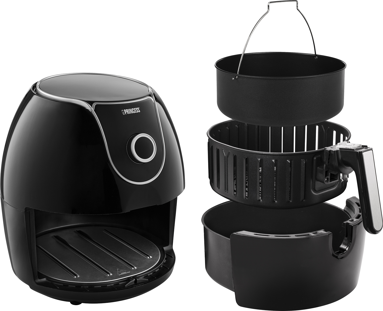 Zwarte airfryer met componenten, een keukenapparaat.