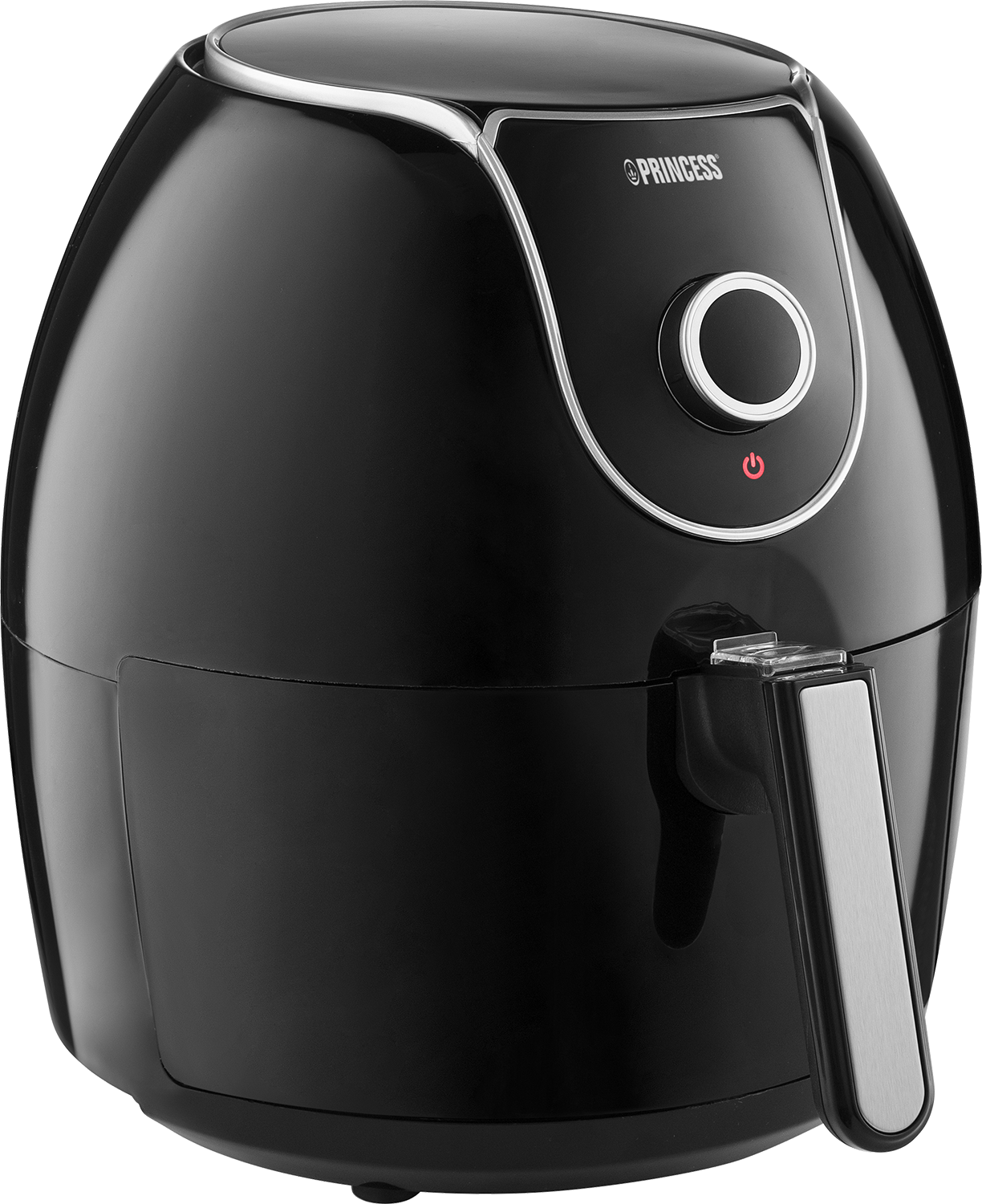 Zwarte Princess airfryer, met handvat en bedieningsknop, geïsoleerd op witte achtergrond.