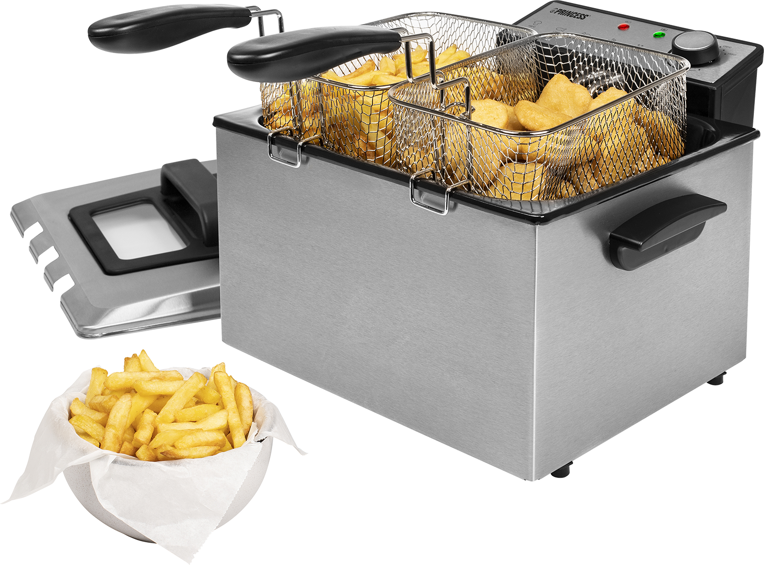 RVS friteuse met voedselmanden en gefrituurd voedsel.
