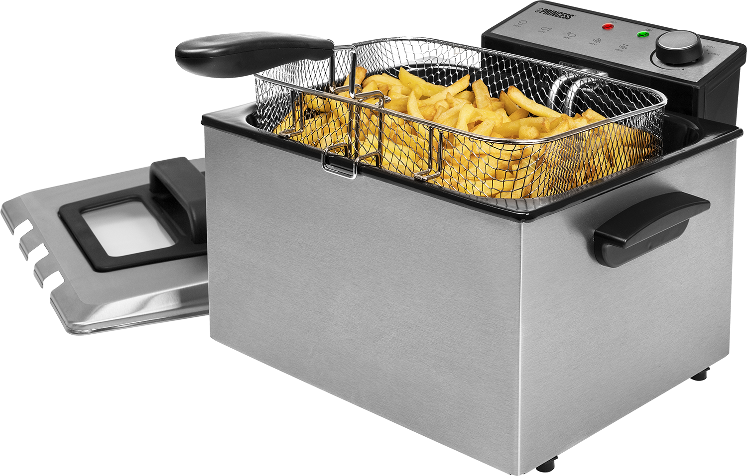 Een roestvrijstalen friteuse. Er zitten frietjes in een mandje. Het deksel is opzij open.