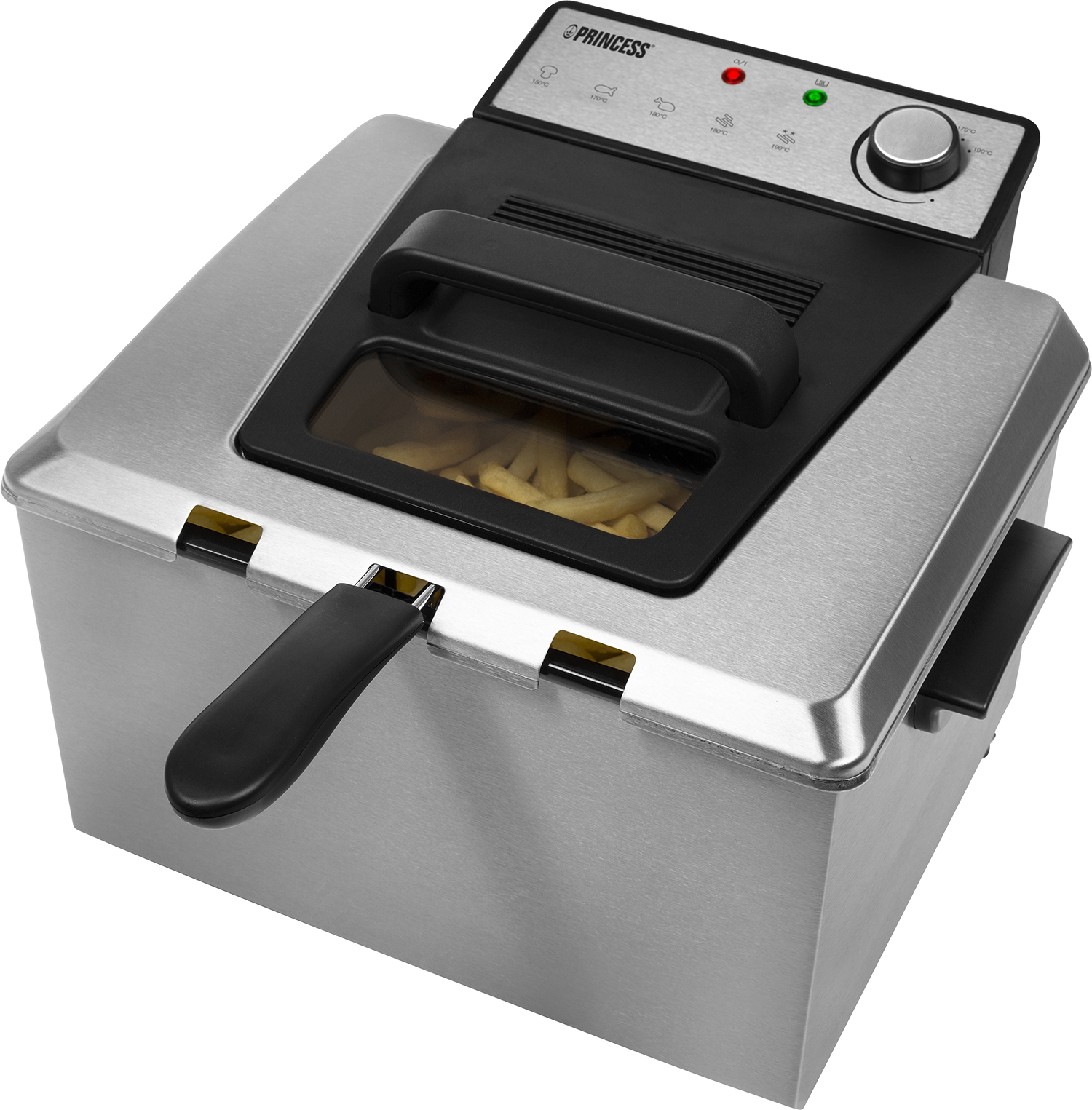 Zilveren friteuse met handvat, handvat en een helder venster.