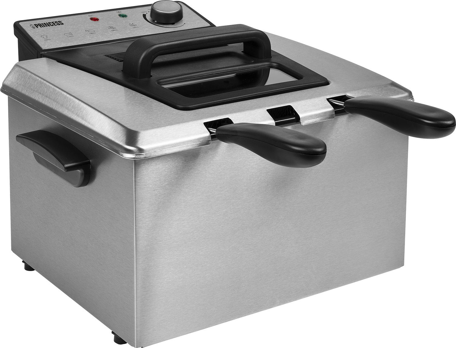 Rvs frituurpan met zwarte handgrepen en bedieningspaneel.