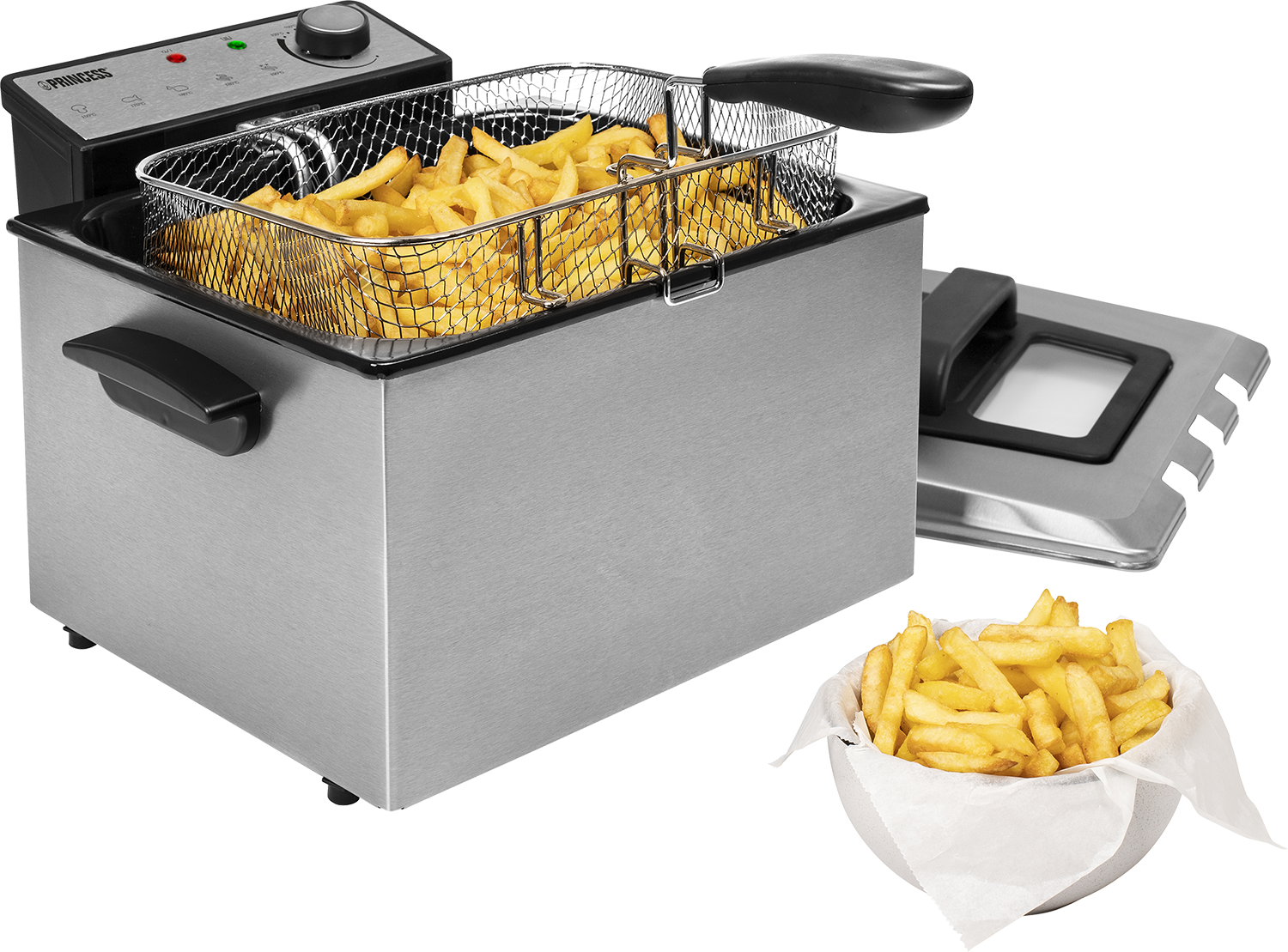 RVS friteuse met friet in de mand en kom.