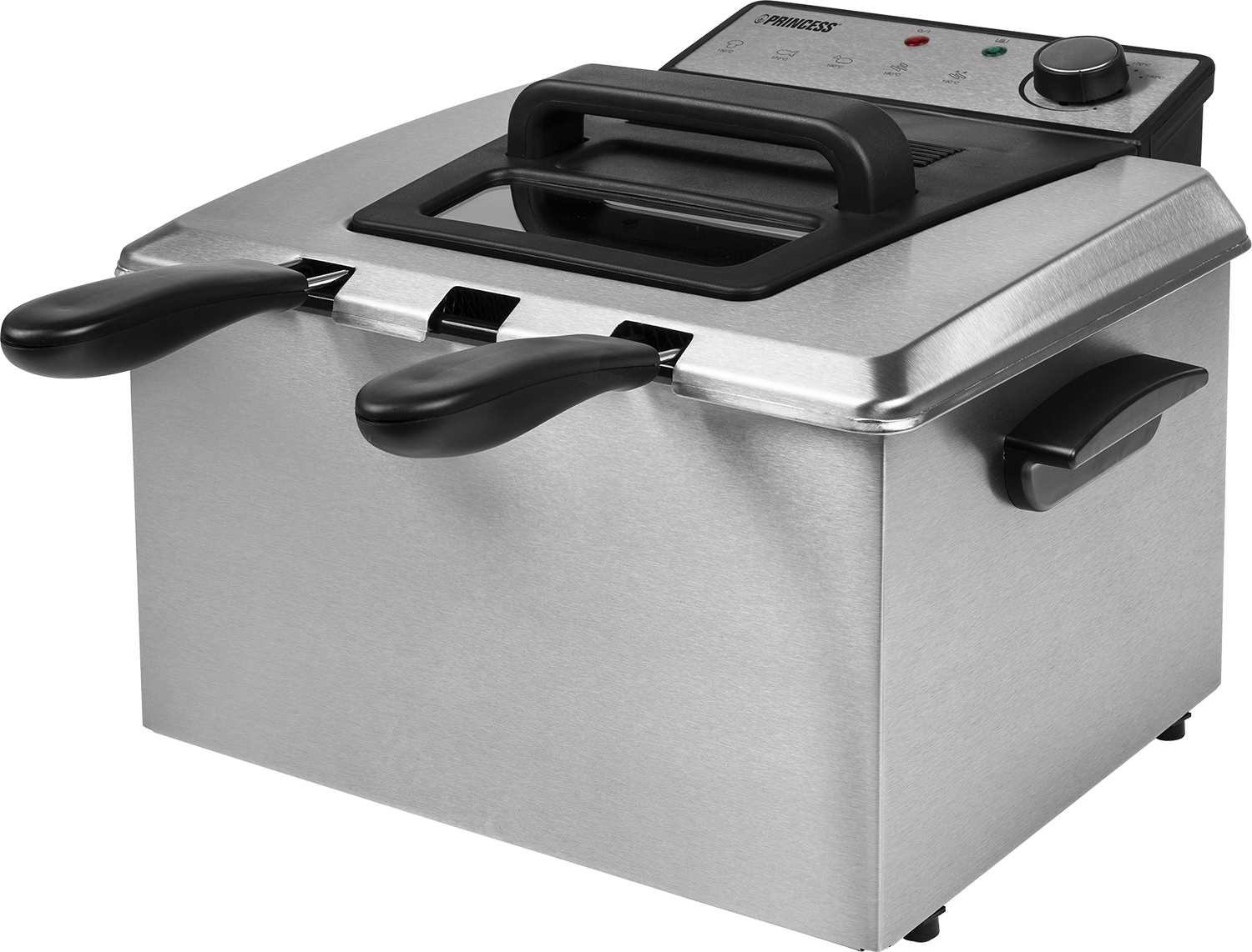 Roestvrijstalen Princess friteuse, met zwarte handgrepen. Toont een verwarmingselement en bedieningspaneel.