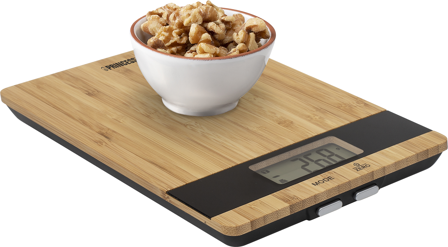 Wooden scale with a bowl of walnuts on top, digital display shows 268.