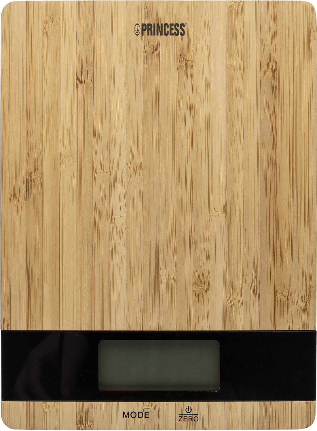 Bamboo kitchen scale with digital display. Black and brown colors.