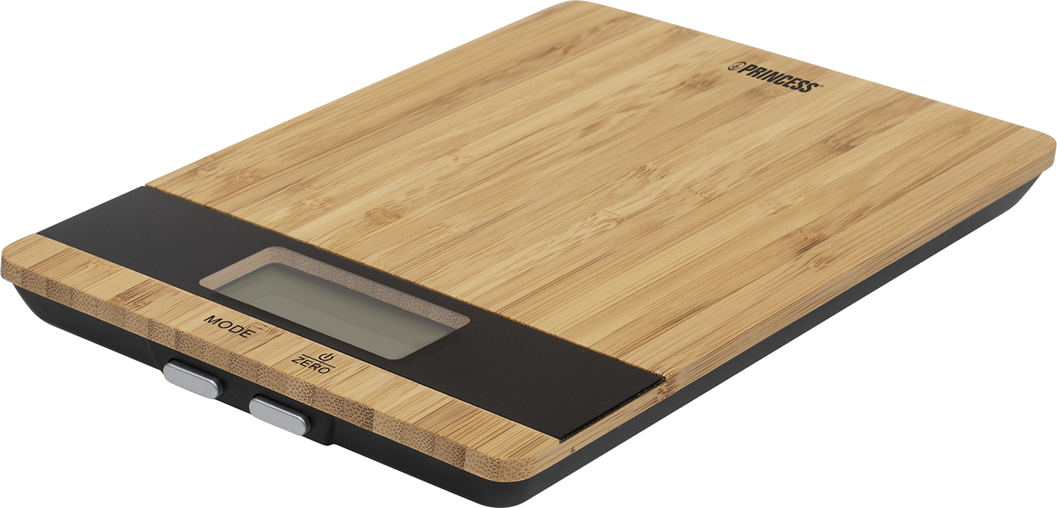 Wooden and black digital kitchen scale. Displays a digital screen with zero and mode buttons.