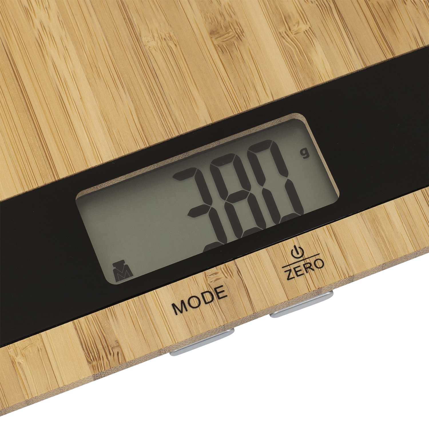 Digital bamboo scale showing 380g. Mode and Zero buttons are visible. A black stripe is present.