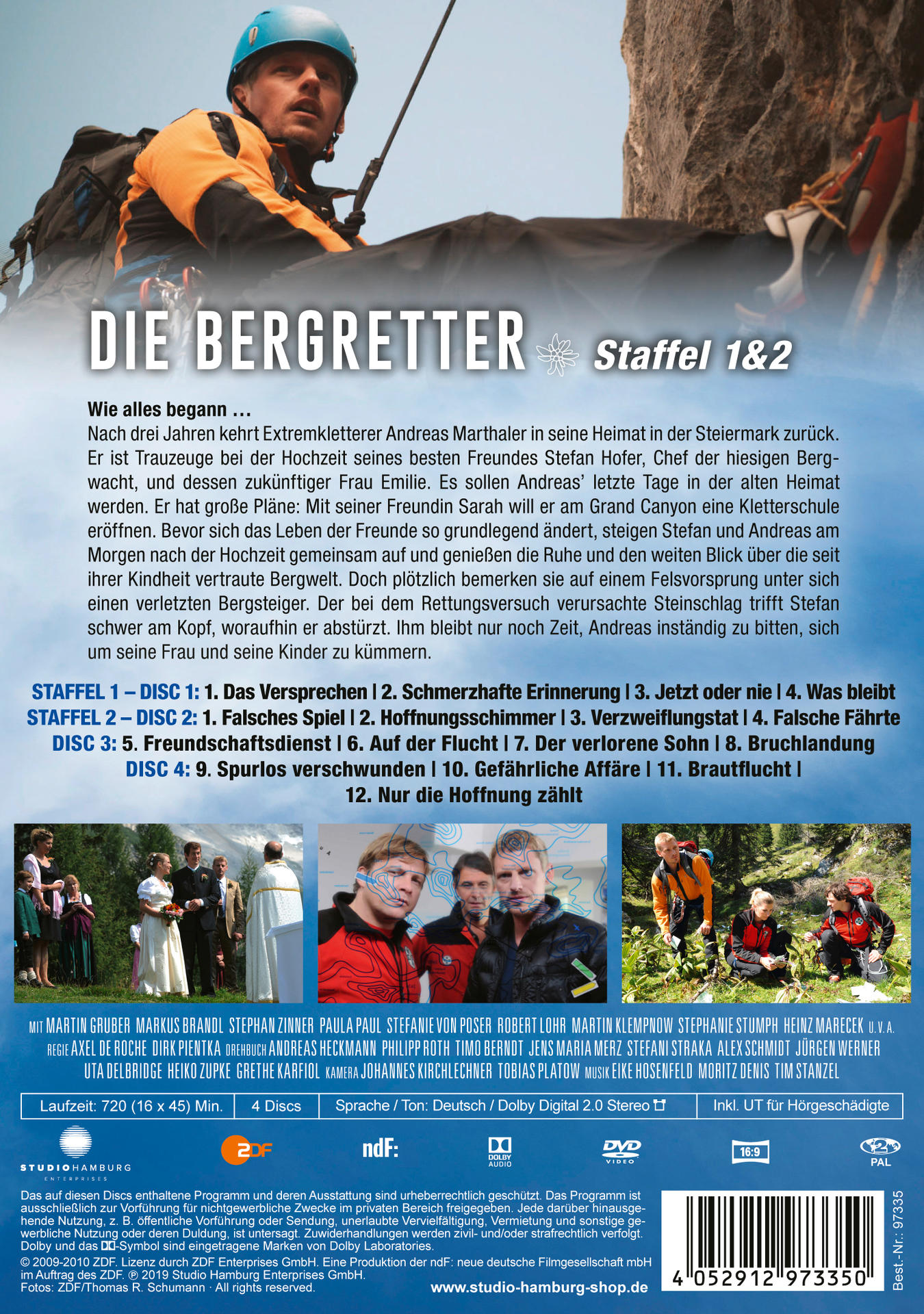 DVD-Cover: Mann in Kletterausrüstung. Text: Die Bergretter Staffel 1&2. Rückseite hat Bilder und Text.
