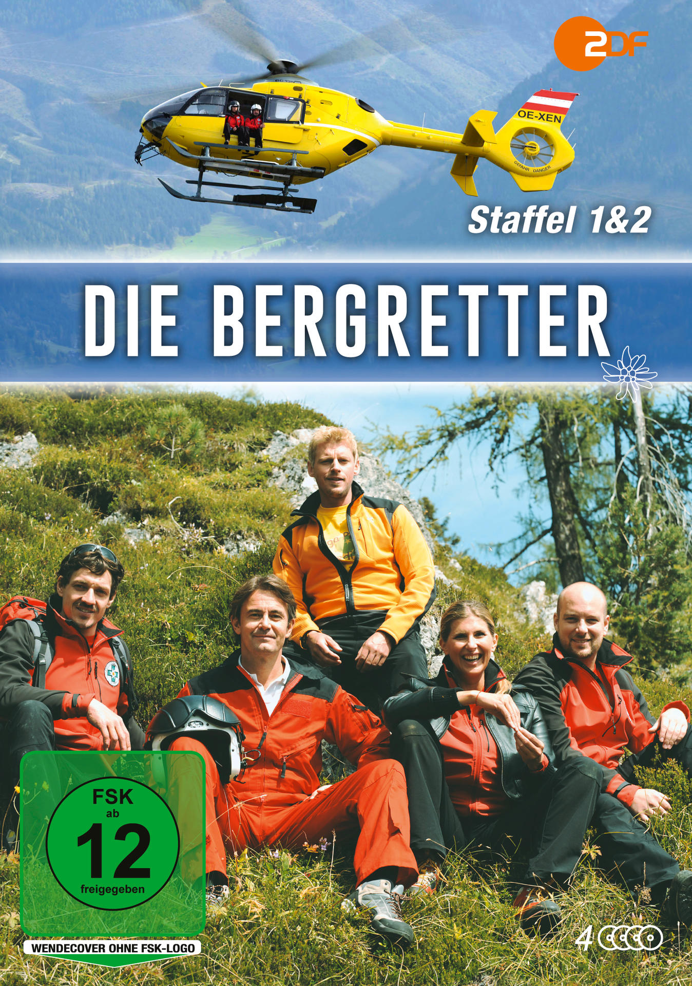 DVD-Cover von Die Bergretter; ein Hubschrauber, eine Gruppe von Personen in Bergkulisse.