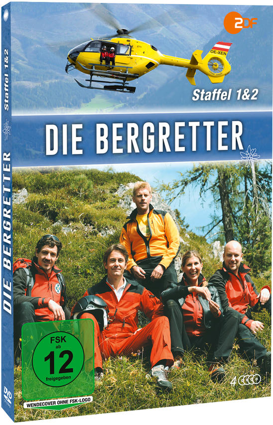 DVD-Cover von 'Die Bergretter' mit Schauspielern und einem Hubschrauber im Hintergrund, Titel oben.