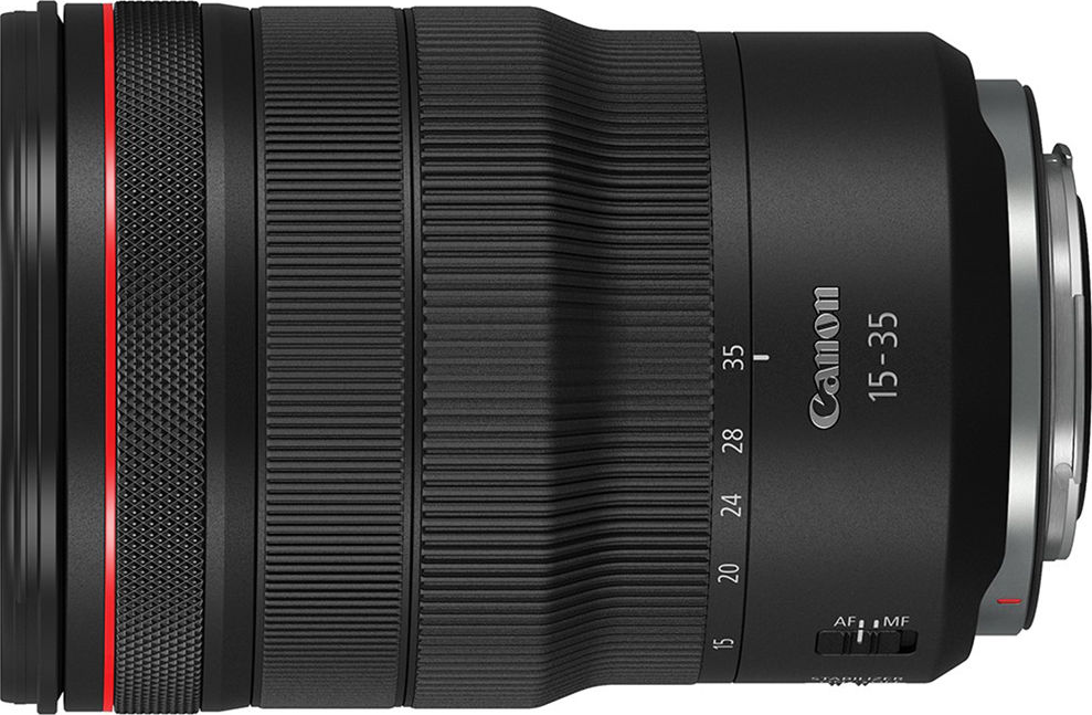Canon 15-35mm Objektiv. Schwarz mit rotem Ringdetail und Textbeschriftungen.