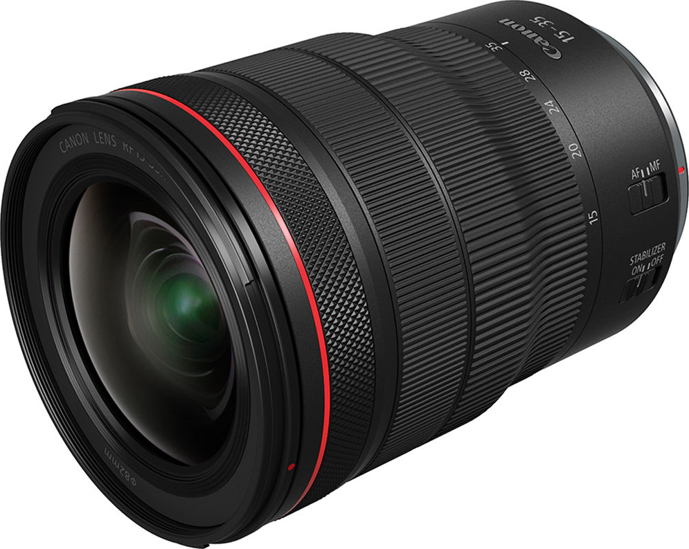 Canon-Objektiv mit rotem Ring, 15-35mm, mit Fokus- und Stabilisatorschaltern. Schwarzer Körper.