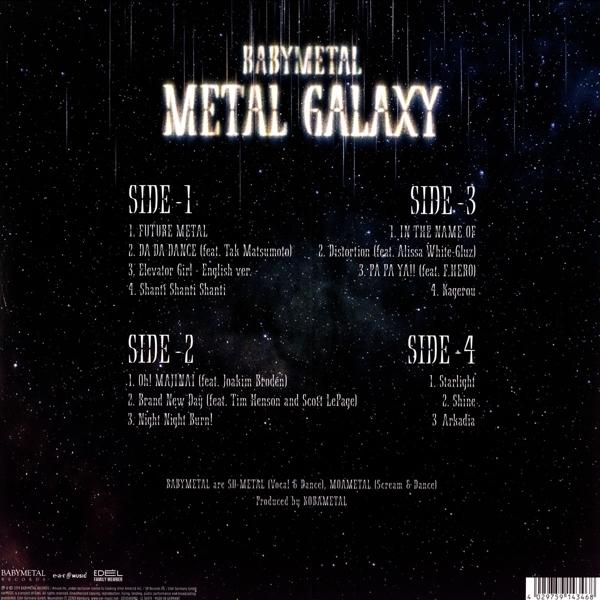 Albumcover mit vier Listen von Songtiteln, mit Nachthintergrund und Babymetal-Logo.
