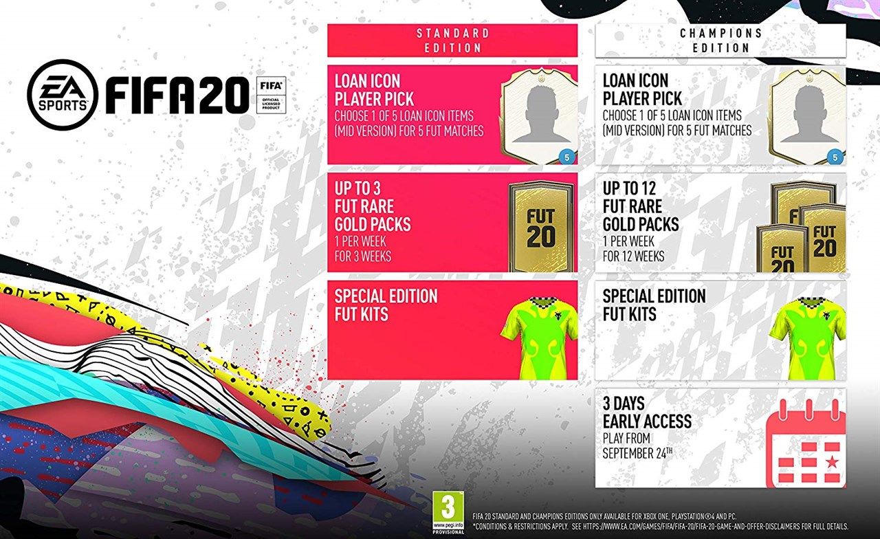 FIFA 20 gamepromotie. Tekst en afbeeldingen op witte achtergrond. Rood en groen kleurenschema.