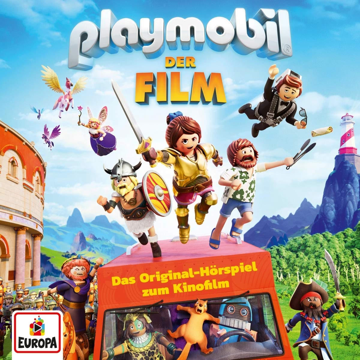 Playmobil-Filmplakat mit Cartoon-Figuren in einem Bus und Schlosskulisse.