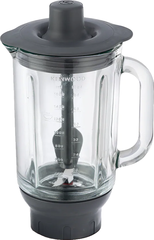 Pichet de blender Kenwood. Verre transparent avec mesures. Socle et couvercle noirs. Fond blanc.