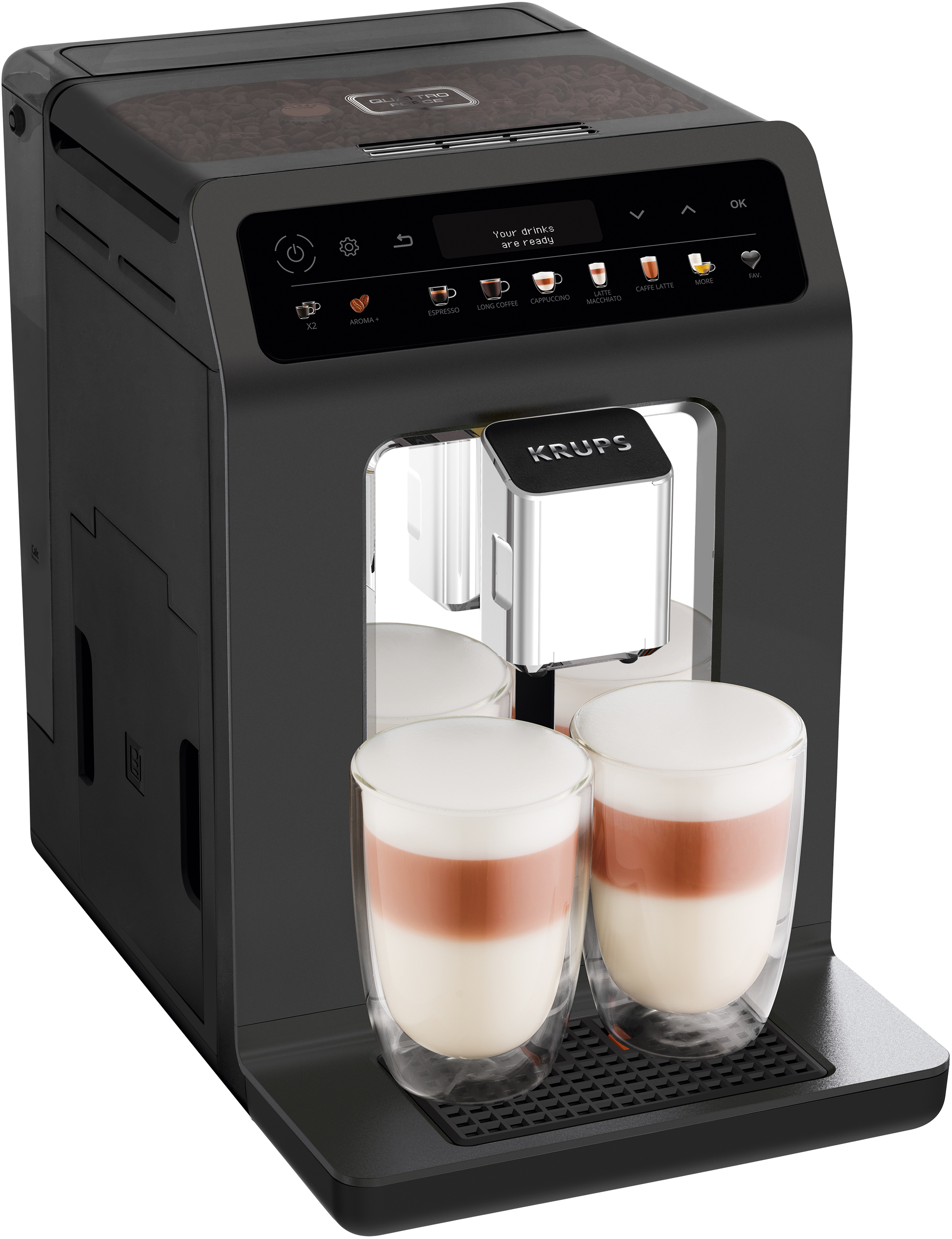 Schwarze Krups Kaffeemaschine. Zwei Gläser mit Latte, braune und weiße Schichten. Weißer Hintergrund.