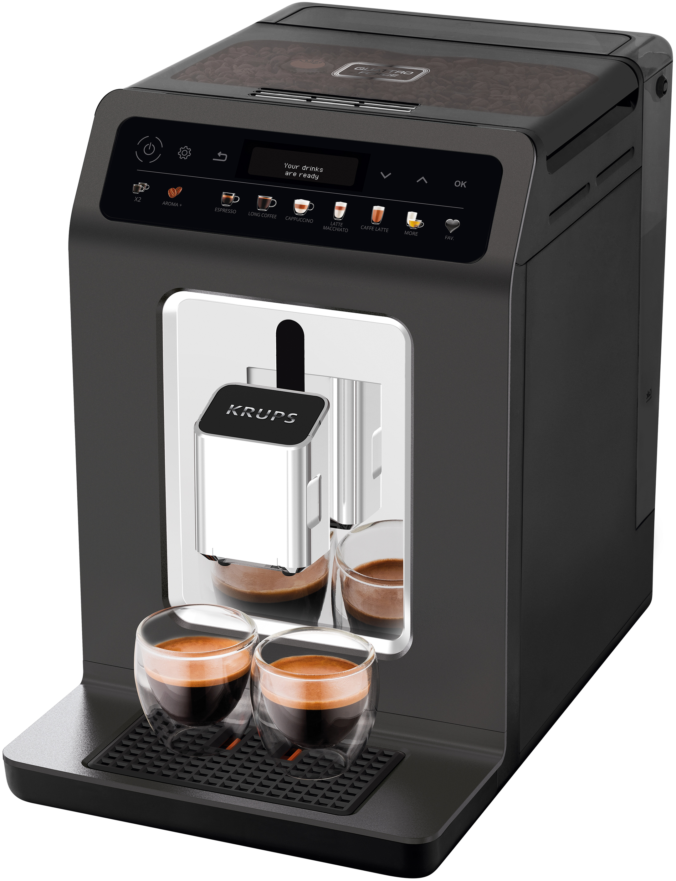 Eine schwarz-silberne Krups Kaffeemaschine mit zwei Tassen Kaffee unter dem Ausguss.