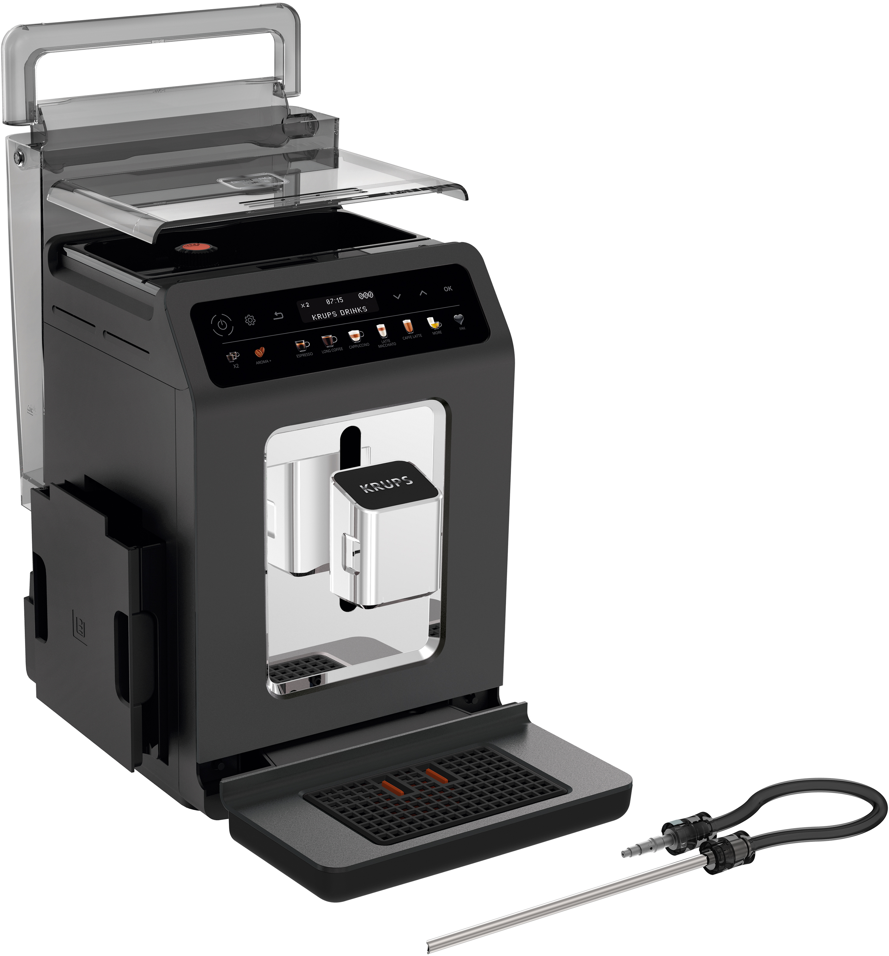 Schwarze Krups Kaffeemaschine mit Touchscreen und Ausgießer für Getränke.