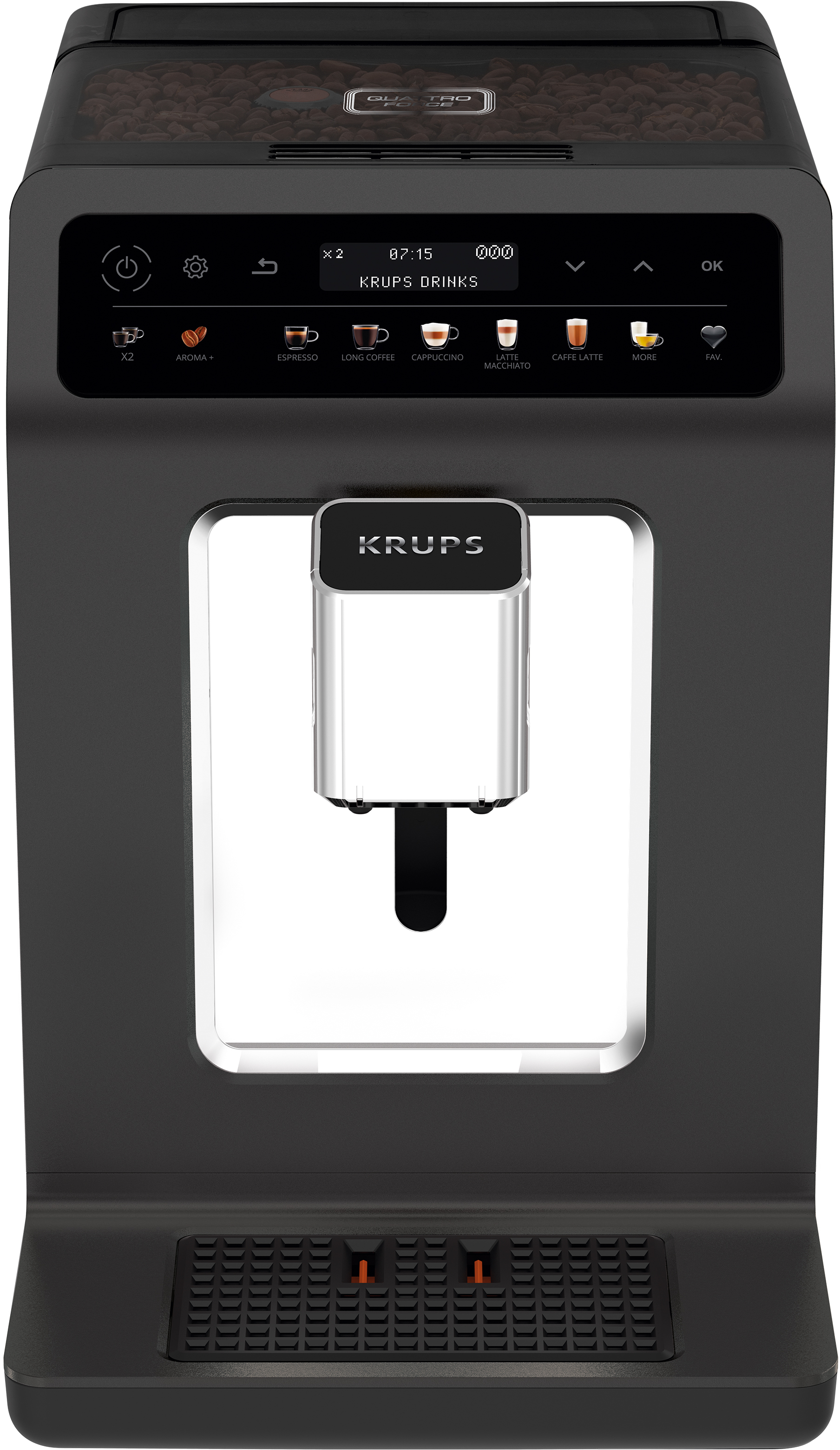 Eine schwarze KRUPS Kaffeemaschine mit Bildschirm und Kaffeebohnen.