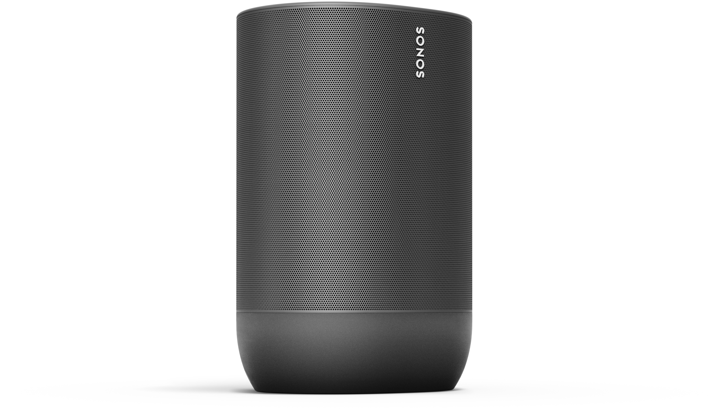 Ein schwarzer Sonos-Lautsprecher auf weißem Hintergrund. Der Lautsprecher hat ein Mesh-Design.