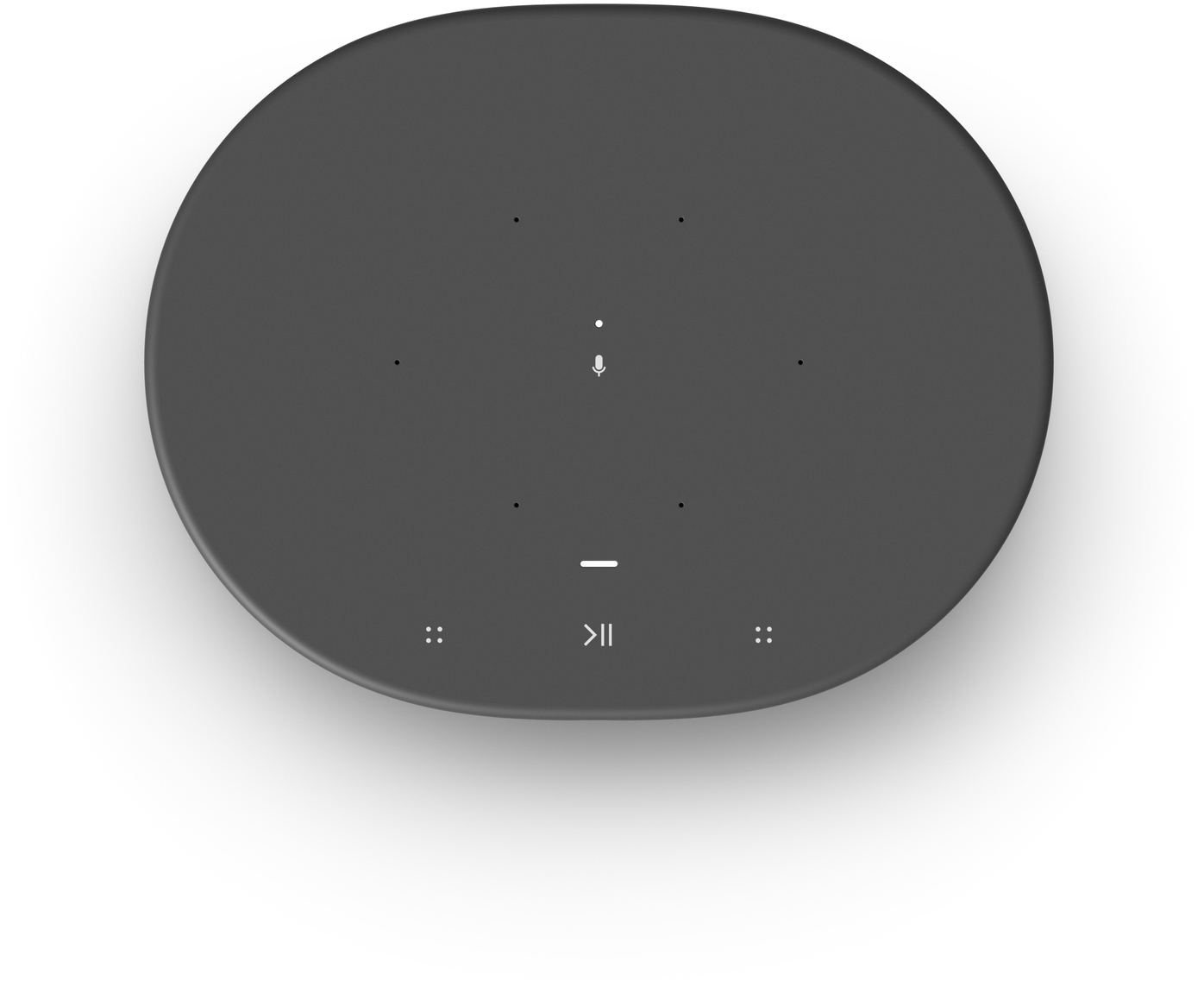 Grauer, kreisförmiger Smart Speaker mit Bedienelementen oben. Hat ein weißes Mikrofonsymbol und eine Wiedergabe/Pause-Taste.