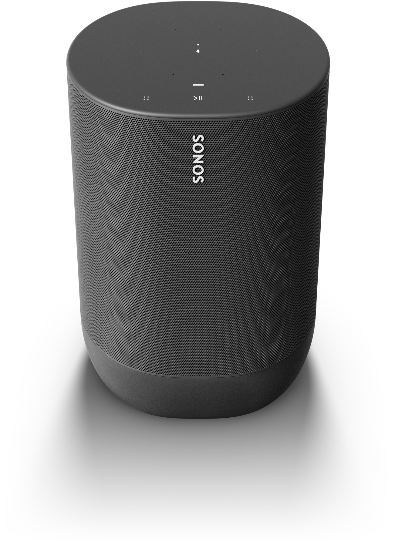 Schwarzer Sonos-Lautsprecher mit weißem Sonos-Logo. Hat Steuertasten oben.