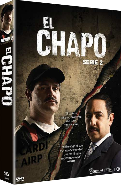 Boîtier DVD d'El Chapo Série 2. Deux hommes en noir et le titre sur le devant. Fond sombre.