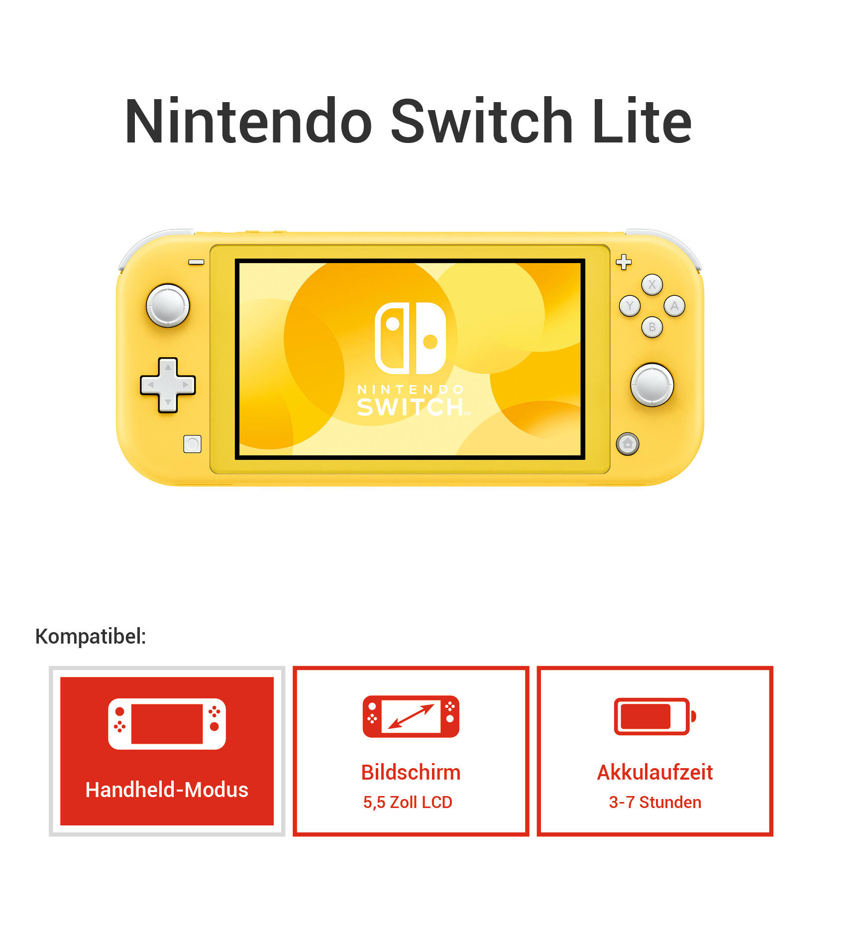 Gelbe Nintendo Switch Lite Konsole mit Text und Symbolen.