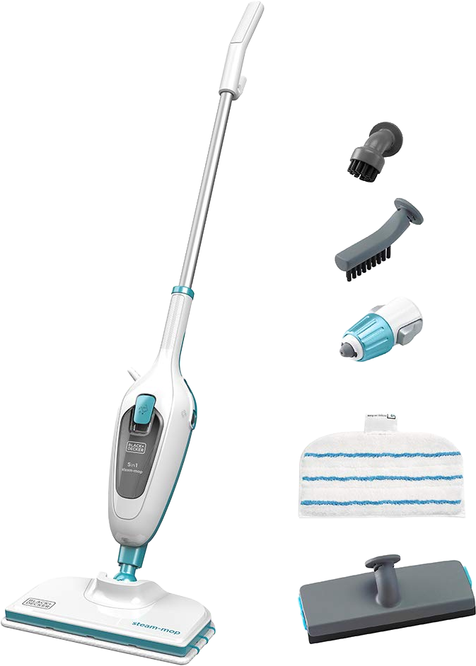 Zwart-witte stoommop met opzetstukken. Witte achtergrond. De mop heeft een blauw-wit kleurenschema.