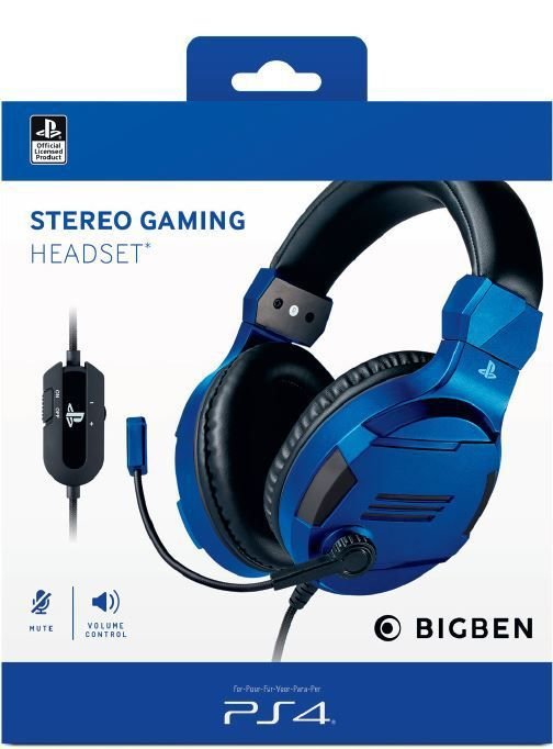 Ein blaues und schwarzes Stereo-Gaming-Headset in einer Box. Marke Bigben.