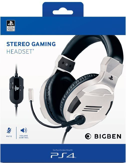Boxed weißes und silbernes Gaming-Headset mit Mikrofon. Auf der Box steht 'STEREO GAMING HEADSET'.