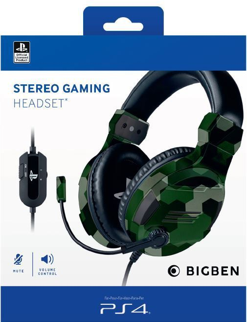 Bigben Gaming-Headset-Box. Grünes Tarnmuster. Kopfhörer und Mikrofon sichtbar. Blauer Hintergrund.