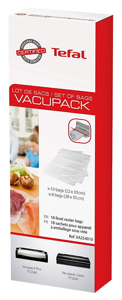 Tefal Vacupack doboz élelmiszer-záró tasakokkal. Szöveg és ételek képei.