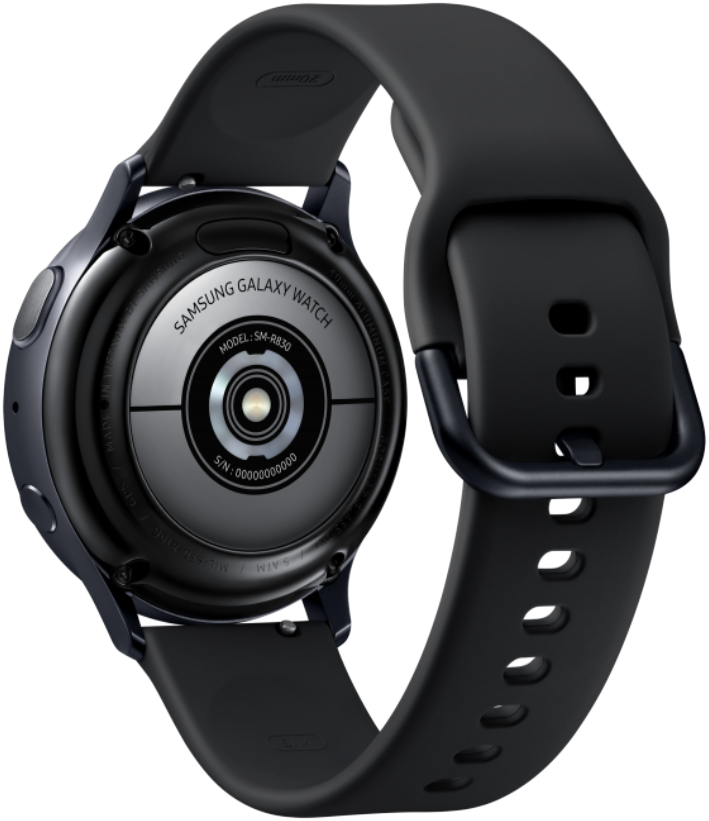 Egy fekete Samsung Galaxy Watch hátulnézete fekete szíjjal és csattal.