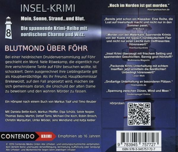 Buchcover für "Blutmond über Föhr" mit Text und Bildern. Bewirbt eine Krimi-Serie.