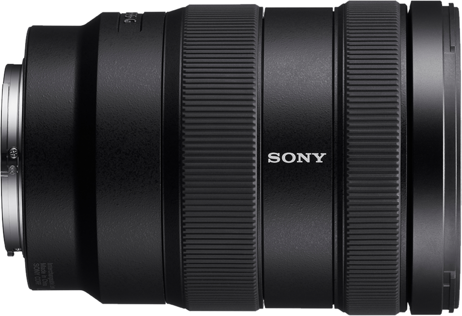 Ein schwarzes Sony-Kameraobjektiv mit strukturierter Oberfläche.