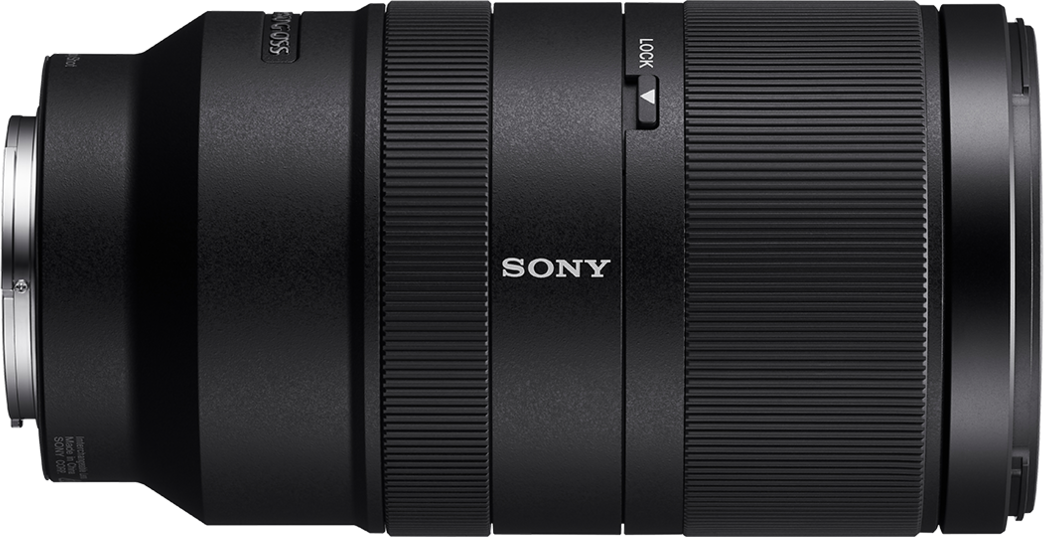 Schwarzes Kameraobjektiv mit Sony-Branding und einer Verriegelungsanzeige.