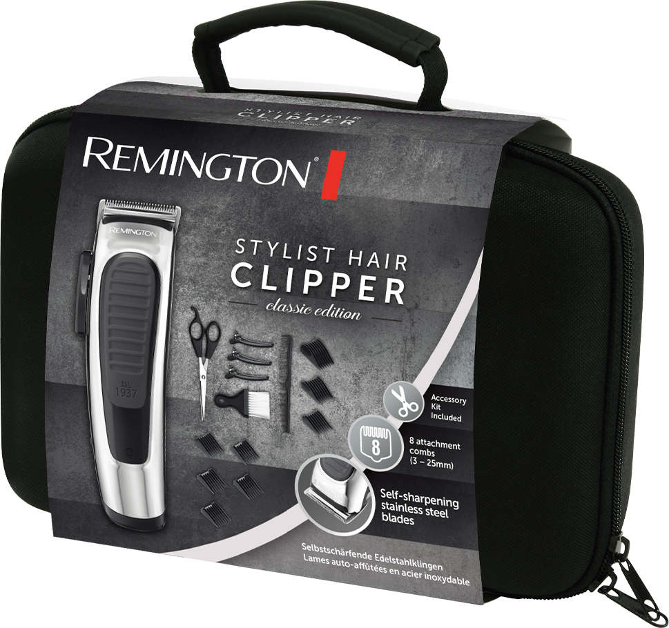 Remington Stylist Haarschneidemaschine-Etui. Schwarzes Etui. Haarschneidemaschine, Schere, Kämme und Klingen.