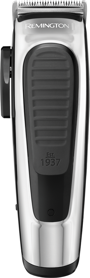 Silberner und schwarzer Remington Barttrimmer. Es steht 'Remington' und 'Est. 1937'.