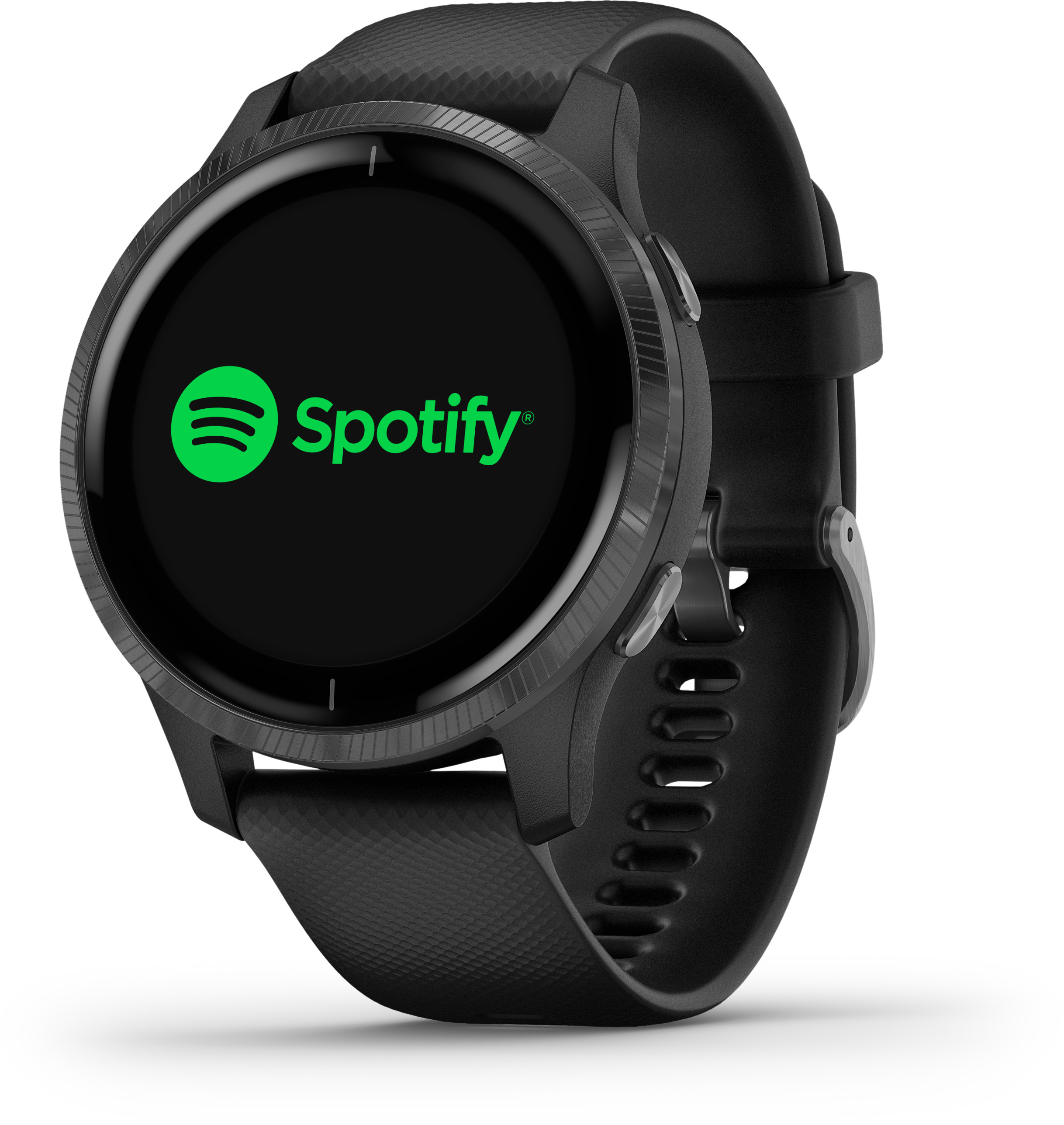 Schwarze Garmin Smartwatch mit Spotify-Logo auf dem Bildschirm und schwarzem Armband.