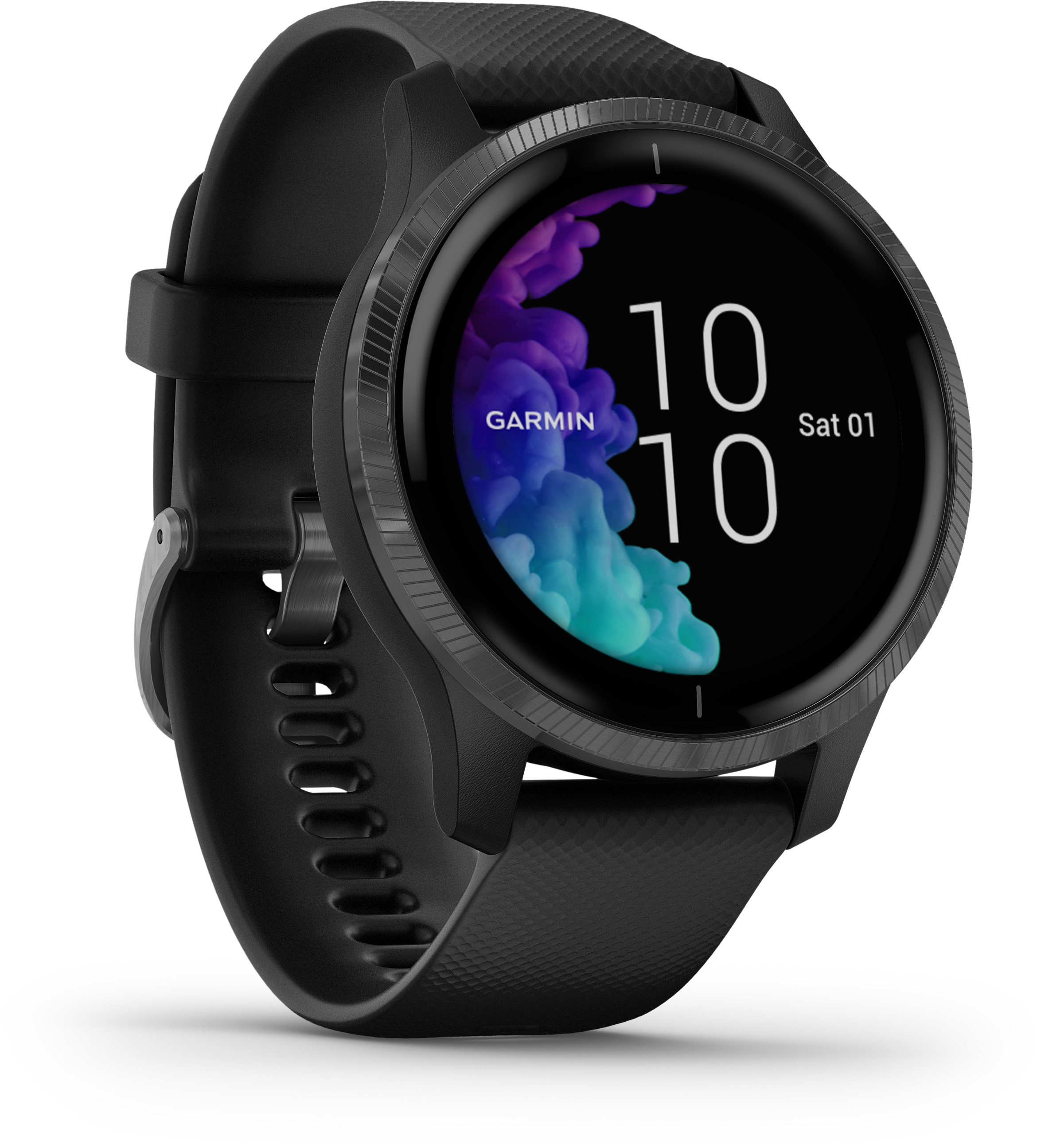 Schwarze Garmin Smartwatch mit farbigem Display, das die Uhrzeit anzeigt. Schwarzes Armband.