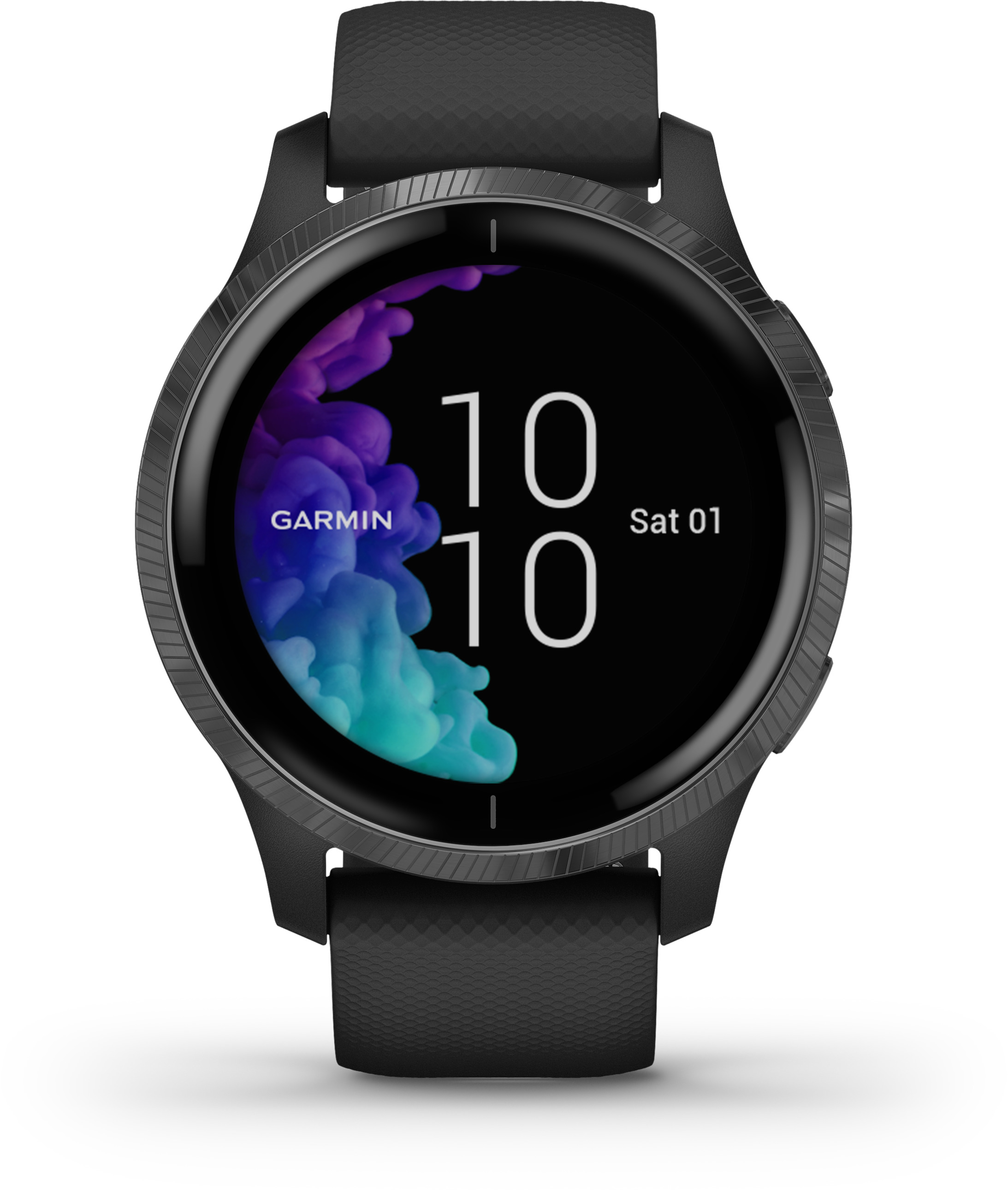 Schwarze Garmin Smartwatch mit schwarzem Armband. Die Uhr zeigt Datum, Uhrzeit und ein farbenfrohes Design.