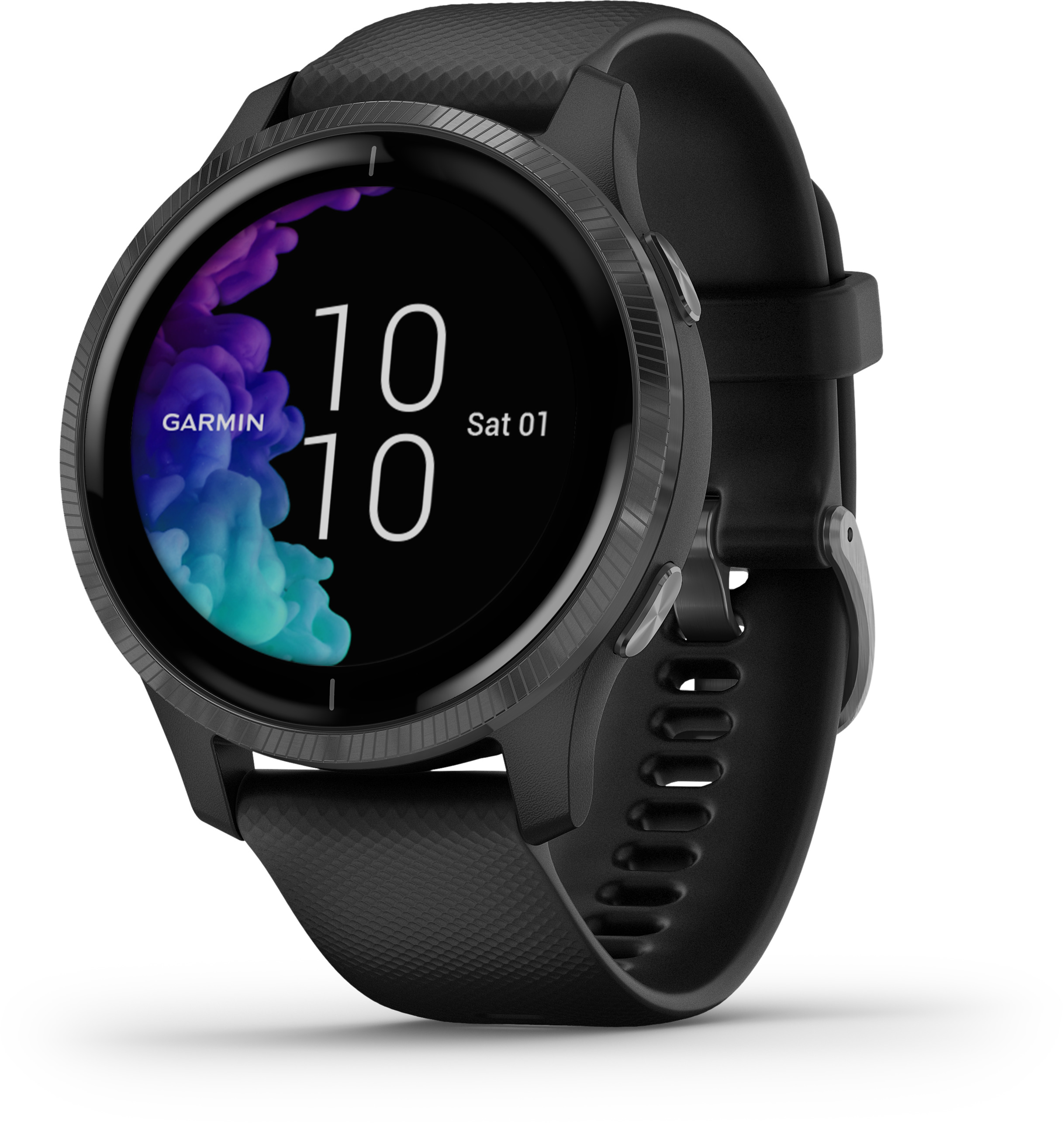 Schwarze Garmin-Uhr, die die Uhrzeit und das Datum anzeigt. Hat ein rundes Zifferblatt und ein schwarzes Armband.