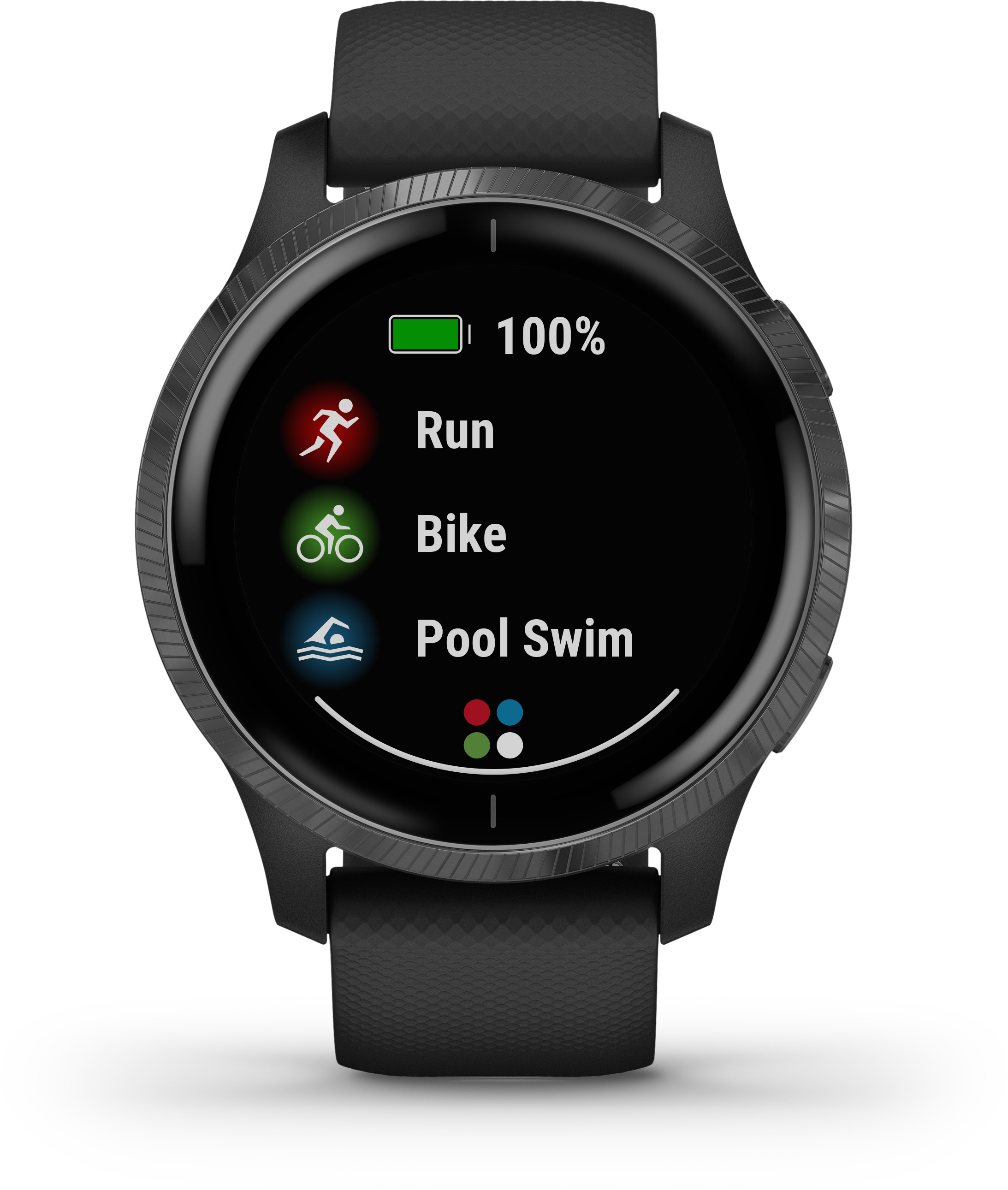 Eine schwarze Garmin Smartwatch, die Lauf-, Rad- und Schwimmoptionen anzeigt, mit 100% Akku.