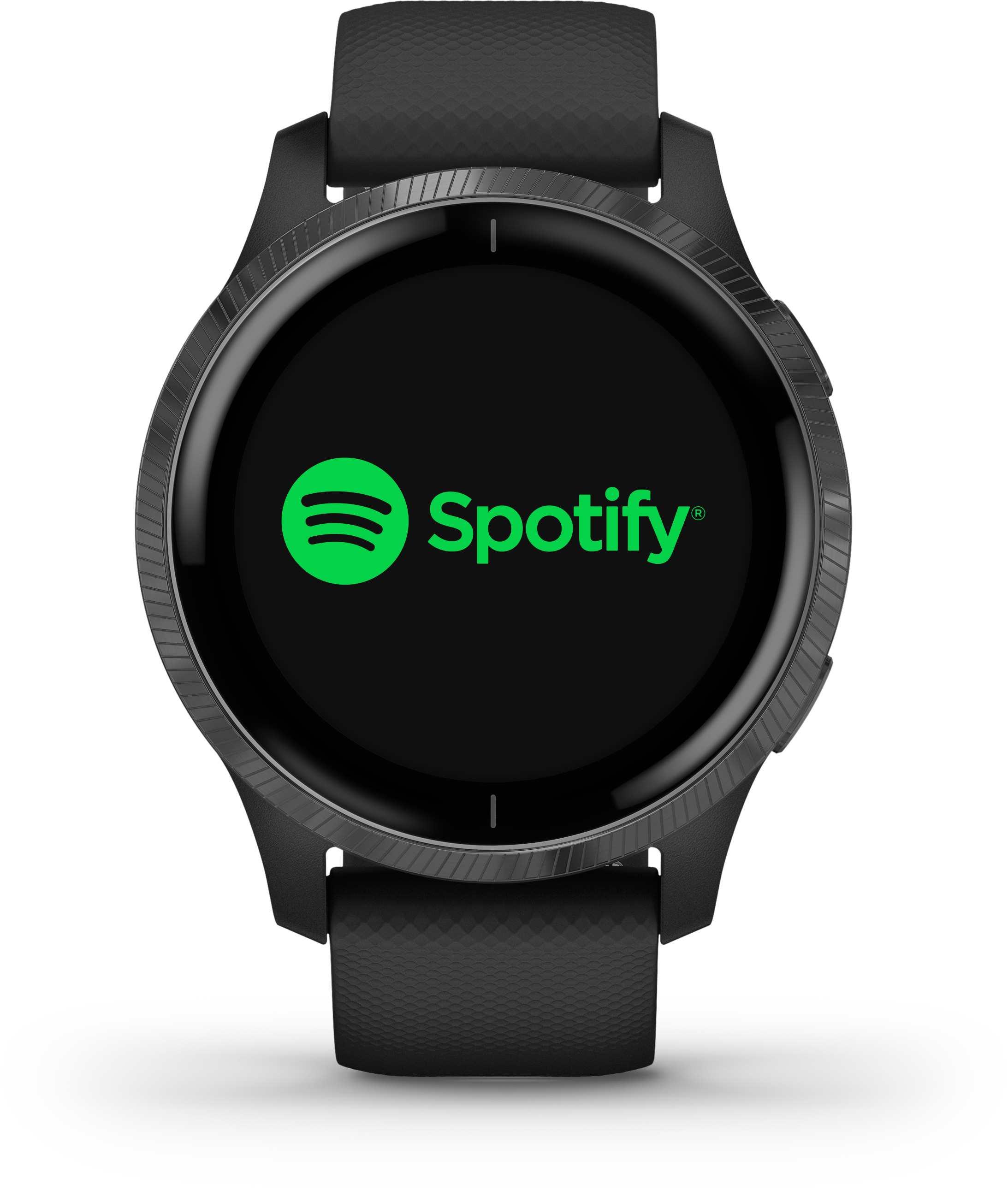 Schwarze Smartwatch mit Spotify-Logo auf dem Bildschirm.